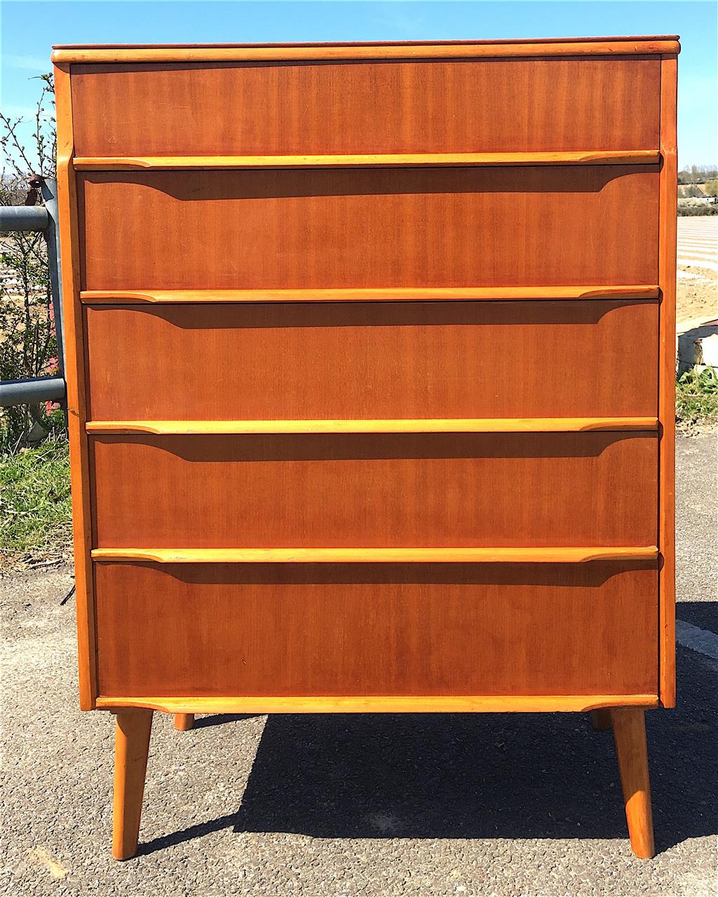 A mid century design mahogany and teak five drawer chest, circa 1960, width 77cm, depth 45cm, height 107cm